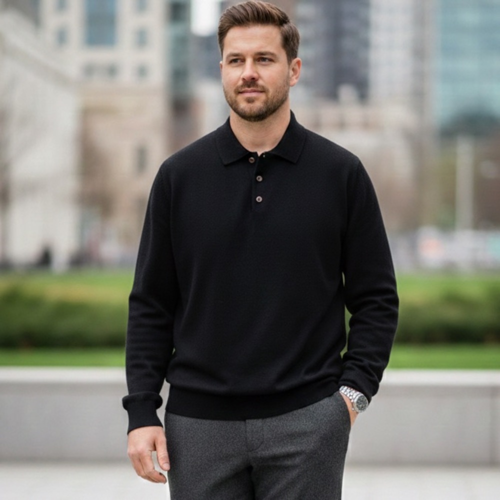 Mino Lombardi Black 100% Wool Polo Sweater Size 54/ XL